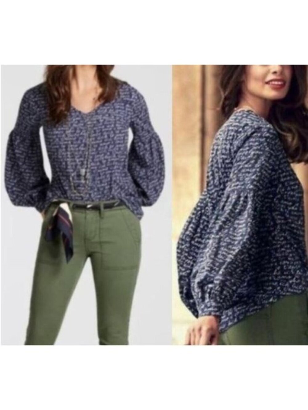 Cabi Top Womens Large Blue Te Amo Love Puff Sleeve V Neck Romantic Feminine Boho